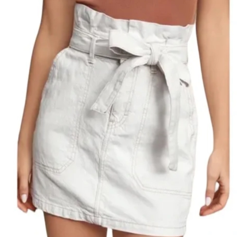 Free People Splendor in the Grass Oatmeal Denim Bow Detail Tie Mini Skirt - S 12